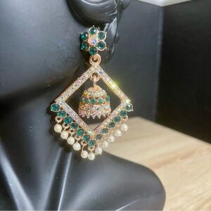Gold and Green Dangle Earrings